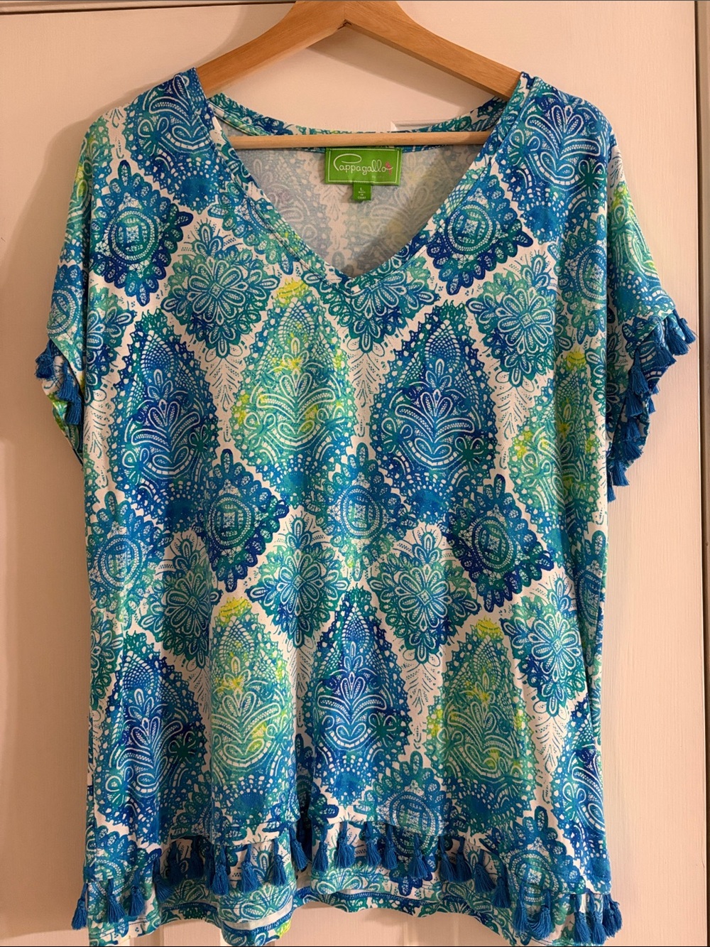 Pappagallo Blue and Green Tassel Trim Tunic Short Sleeve Shirt